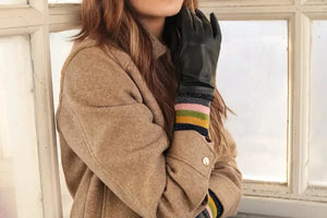 Mabel Sheppard - Lurex Striped Cuff Leather Gloves - Black