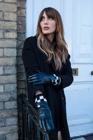 Mabel Sheppard - Checker Cuff Leather Gloves - Black