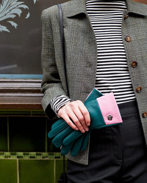 Mabel Sheppard - Colour Block Leather Gloves - Green & Pink