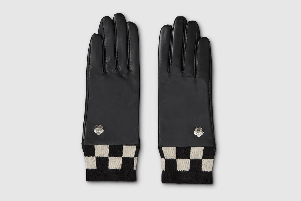 Mabel Sheppard - Checker Cuff Leather Gloves - Black