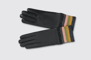 Mabel Sheppard - Lurex Striped Cuff Leather Gloves - Black