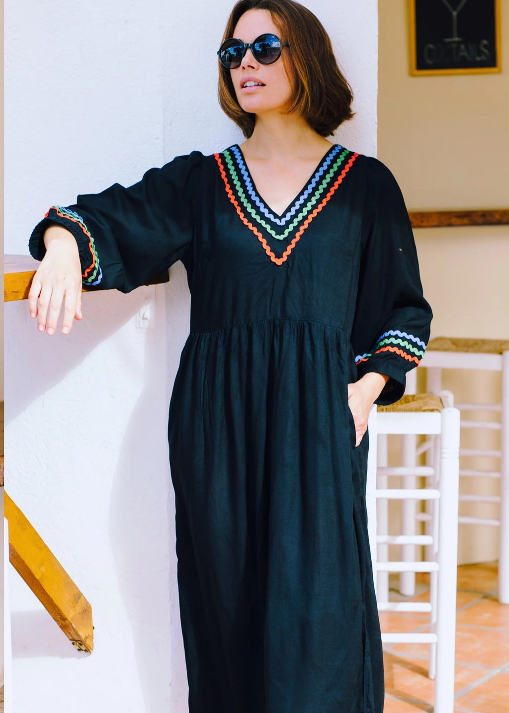 Sugarhill - Miquita Midi Smock Dress - Black Rainbow Ric Rac