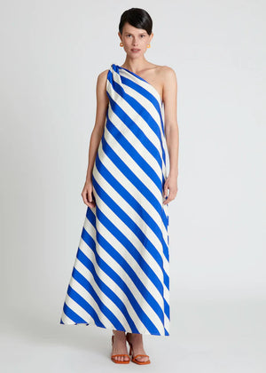 Compania - Diagonal Stripe, One Shoulder Maxi Dress - Blue & White
