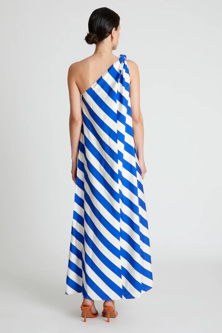 Compania - Diagonal Stripe, One Shoulder Maxi Dress - Blue & White