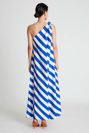 Compania - Diagonal Stripe, One Shoulder Maxi Dress - Blue & White