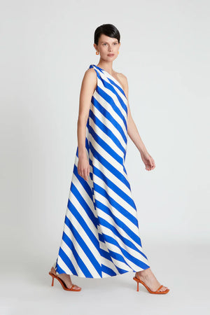 Compania - Diagonal Stripe, One Shoulder Maxi Dress - Blue & White