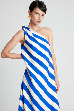 Compania - Diagonal Stripe, One Shoulder Maxi Dress - Blue & White