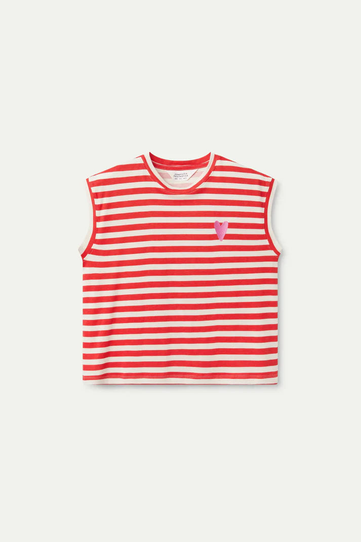 Compania - Red Striped Tank Top - Red & White with Pink heart