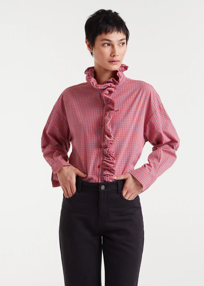 Compania - Gingham Ruffle Shirt - Red