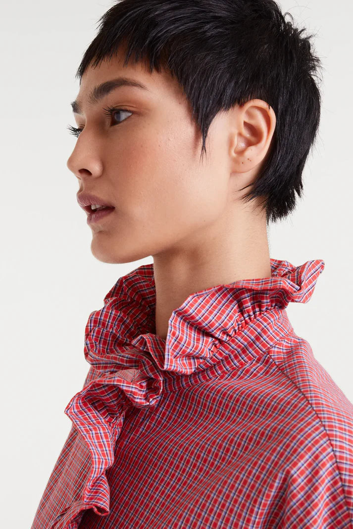 Compania - Gingham Ruffle Shirt - Red