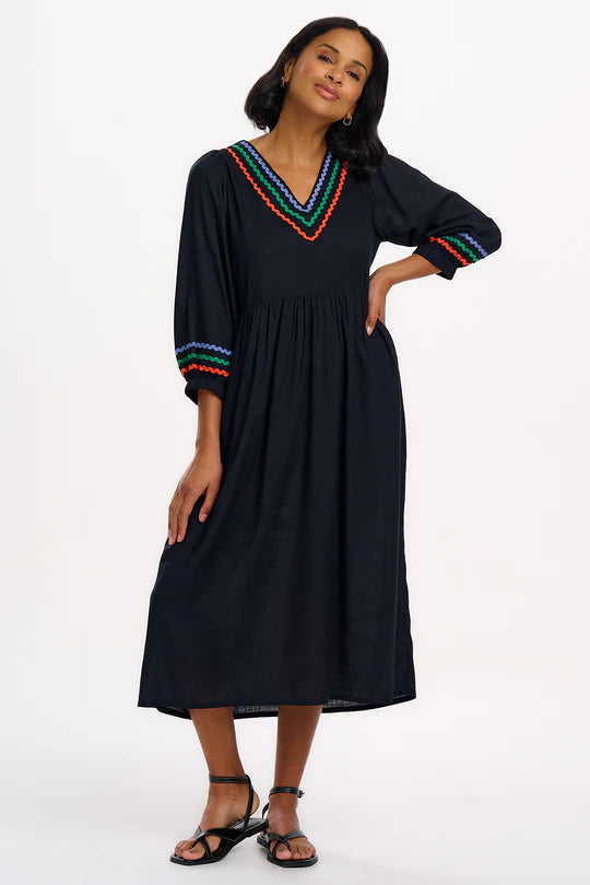 Sugarhill - Miquita Midi Smock Dress - Black Rainbow Ric Rac