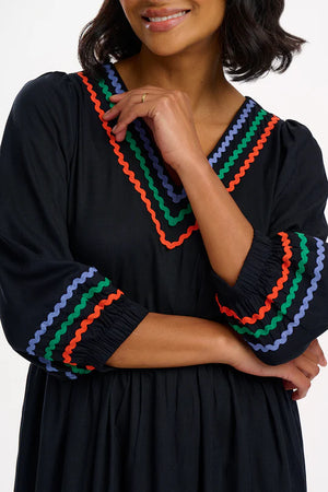 Sugarhill - Miquita Midi Smock Dress - Black Rainbow Ric Rac