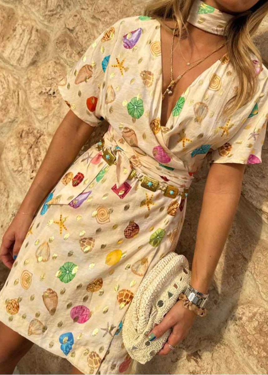 NFD - Cream Shell Mini Wrap Dress