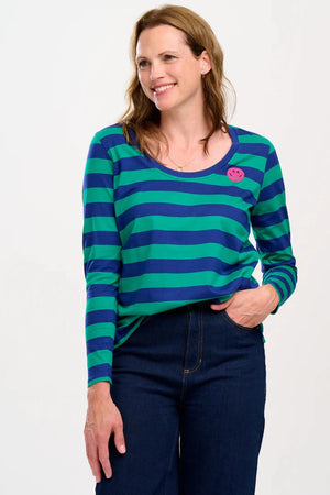 Sugarhill - Emma Top - Navy/green stripes, happy face